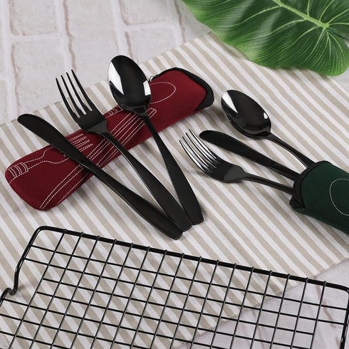 6 Pieces Travel Flatware with Case, Black Stainless Steel, Camping Fork Spoon Knife Set, R...