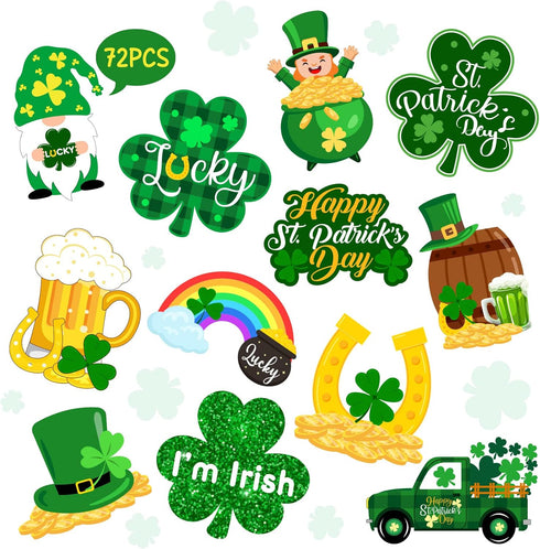 72PCS St Patrick’s Day Bulletin Board Decoration, 12 Styles Lucky Irish Day Shamrock Gnome Leprechaun Classroom Paper Cutouts for Party Decoration...