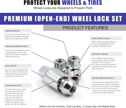Wheel Accessories Parts 4 Locks + Key M12 x 1.5 12 x 1.5 Thread Open End 0.83" Long Locking Wheel Lug Nuts Lock Chrome Dual Hex Key 13/16" and 3/4...