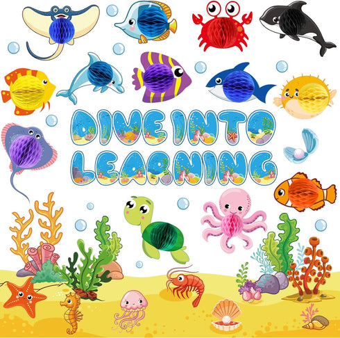 Ocean Fish Bulletin Board Classroom Decorations Under The Sea Bulletin Board Set Sea Animal Life Paper Cutouts for Ocean Tropical Fish Theme Class...