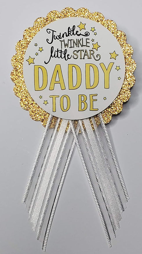 Twinkle Little Star Baby Shower Pin Set - Gold Glitter & White Satin Ribbons for Mommy and Daddy-to-Be...