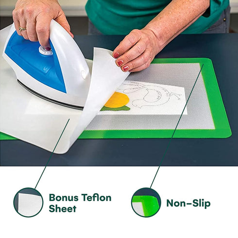 Precision Fusing Mat (12" x 18") Includes No-Slip/Nonstick mat with See-Through Design for Appliqué Creation, and Teflon Coated Pressing Sheet - A...