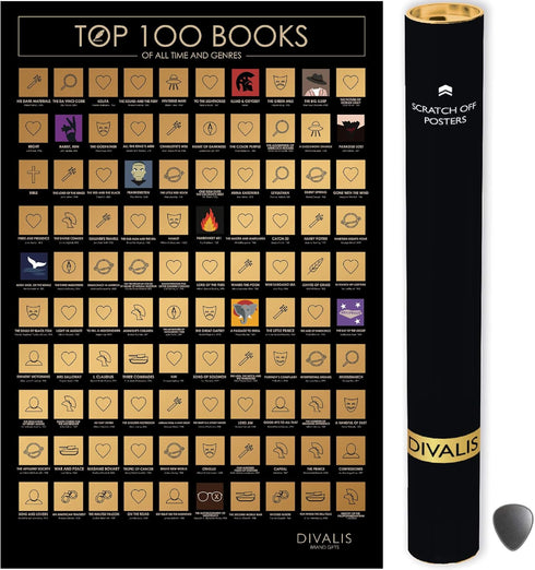 Divalis Scratch Off Poster - 100 Must Read Books of All Times - Reading Bucketlist Chart - Easy to Frame 24x16 - Accessories Included...