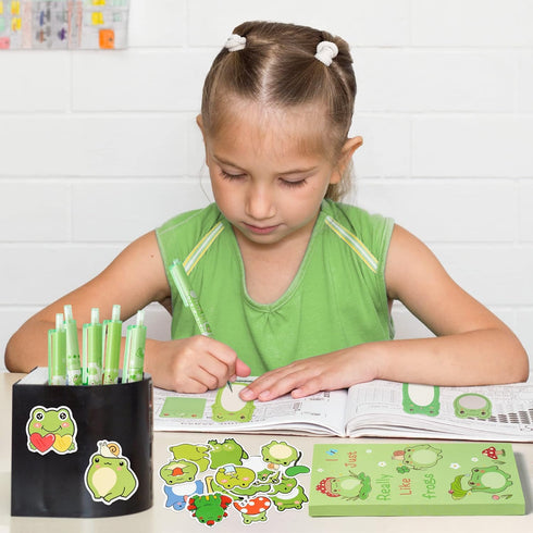 57Pcs Frog Sticky Notes with Pen Stickers Stationery Set 0.5mm Black Gel Ballpoint Pens Frog Self-Stick Notes Pads Cartoon Frog Vinyl Stickers Bac...