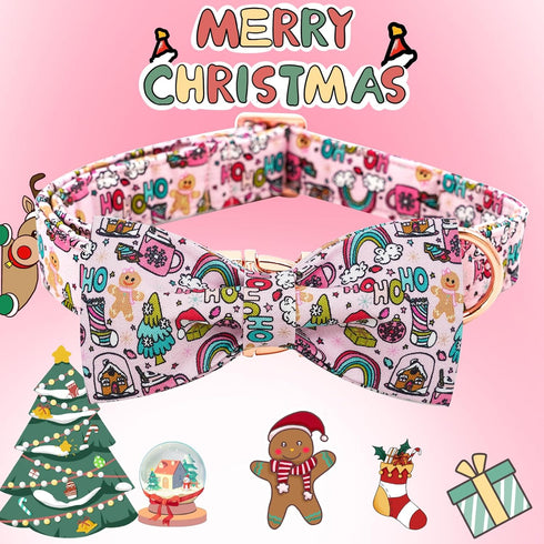 Elegant little tail Dog Collar, Christmas Dog Collar Gingerbread Man Print Holiday Pet Collar Dog Bow Collar Pet Durable Adjustable Girl Boy Dog C...