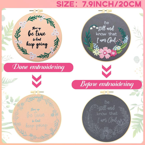 5 Sets Inspired Quote Embroidery Kit for Beginner Adult Motivational Embroidery Starter Kit Floral Cross Stamped Needlepoint Kit Embroidery Hoops ...