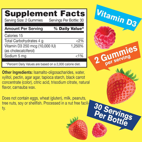 Sugar Free Vitamin D3 10000 IU (250mcg) Extra Strength Gummies - Immune Booster, Bone and Teeth Support - Non GMO, Gluten Free, Nut Free, Vegetari...