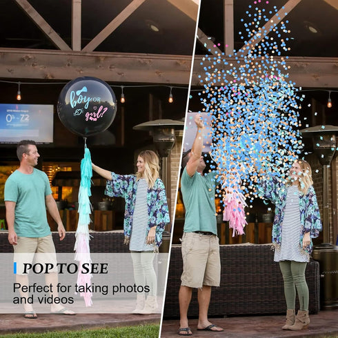 Thickened Gender Reveal Balloon - 2pcs Gender Reveal Confetti Balloons with Pink and Blue Confetti – 36 Inch Black Gender Reveal Balloons Perfect ...
