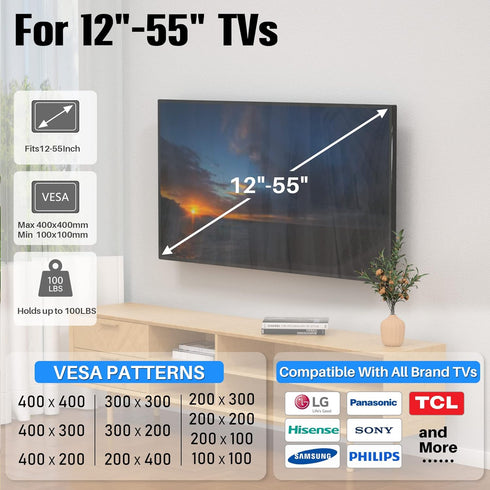 Drywall Studless TV Wall Mount, No Stud TV Wall Mount for 12-55 Inch TVs, Drywall TV Mount Load Up to 100 Lbs, Low Profile, VESA 100x100mm to 400x...