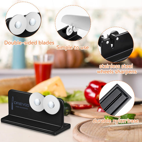 Dreyoo Cutlery Pointed Edge Knife Sharpener, Double Sided Stainless Steel Wheels Cutlery Knife Sharpener, Broadhead Knife Sharpeners for Kitchen K...