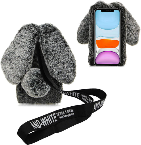 3D Bunny Ears Plush Case for Samsung Galaxy A12 with Crossbody Strap, Winter Warm Handmade Bling Diamond Soft Rabbit Fluffy Furry Fur Shockproof P...