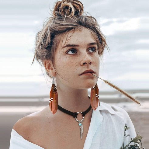 Native American Jewelry Set for Women Girls, 2 Pieces Faux Suede Choker Necklace Faux Leather Choker and 2 Pairs Bohemian Artificial Feather Earri...