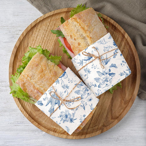 150Pcs Blue Floral Wax Paper Chinoiserie Bird Flower Deli Paper Sandwich Wrap Paper Tissue Waterproof Oil-Proof Picnic Liners for Party Kitchen Su...