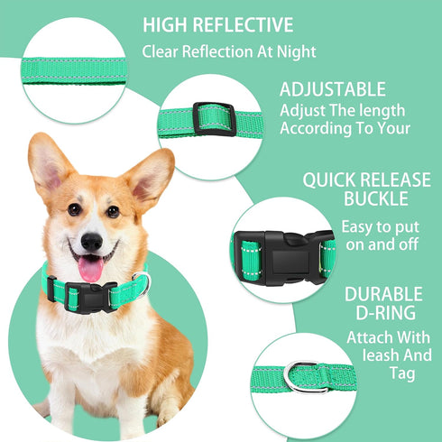 Reflective Dog Collar with Safety Locking Buckle, Adjustable Soft Breathable Nylon Collars for Small, Medium and Large Dogs(Collar+Leash XS Width ...