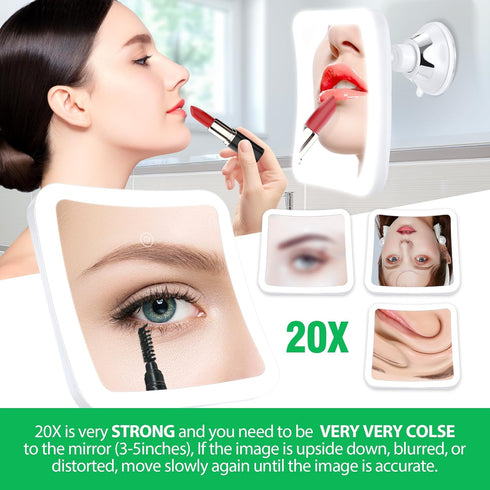 Upgraded Rechargeable 20X Magnifying Mirror with Light, Square Lighted Makeup Mirror with Magnification, 20X Suction Cup Mirror with Light, Travel...