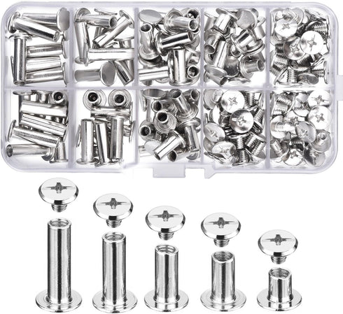 Pangda 80 Sets Chicago Screw Leather Rivets Assorted Kit Chicago Binding Screws 5 Sizes Metal Round Cross Head Stud Screw Post Nail Rivet Button f...