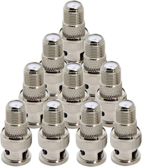 10-Pack Nickel-Plated Brass BNC Male to F Female Coaxial Adapter - 75 Ohm, for CCTV Camera, RG6/RG59 Cable, Scanner - Not for TV/Antenna...