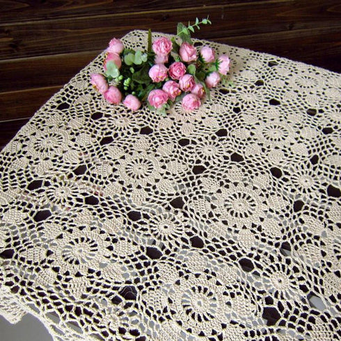 Hsvanyr 39inches Beige Tablecloth Handmade Crochet Cotton Square Coffee Table Cover Doilies Couch Back Covers Kitchen Dining Room Restaurant Party...