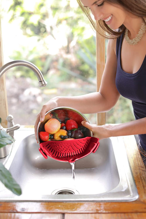 Clip On Kitchen Food Strainer for Spaghetti, Meat, Pasta, & Ground Beef Grease, Colander & Sieve Snaps or Clips Onto Bowls, Pots & Pans Includes S...