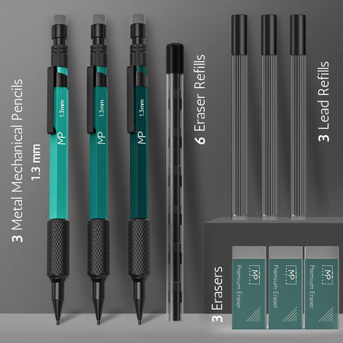 Mr. Pen- Metal Mechanical Pencils Set with Lead and Eraser Refills, 3 Pack, 1.3 mm Mechanical Pencil Metal, Metal Mechanical Pencil for Sketching,...