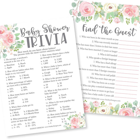 Hadley Designs Hilarious Baby Shower Games for Girls – 25 Double-Sided Cards for 25 Guests, 2 Games, Baby Trivia Baby Shower Game, Find The Guest,...