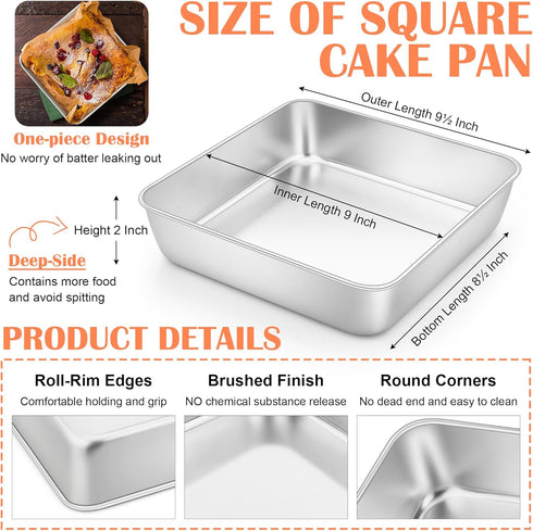 E-far 9x9 Inch Square Cake Pan, Stainless Steel Baking Pan for Lasagna Brownies Casseroles, Silver Square Bakeware for Oven Cooking, Non-Toxic & R...