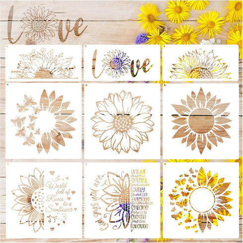 9 Pcs Large Sunflower Stencils for Painting on Wood (12x12 Inches), Reusable Butterfly Bee Floral Sun Flower Stencils for Painting on Canvas Paper...