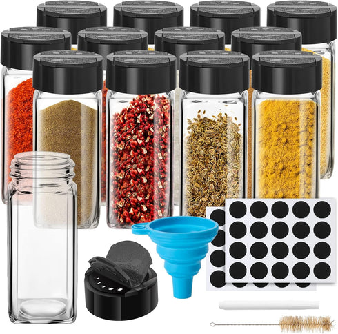 12 Pack Glass Spice Jars with Labels, 4oz Spices Containers Spice Jars with Black Shaker Lids, Empty Containers for Spice, Silicone Funnel and Pen...
