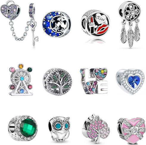 12pcs A Suit 925 Silver Plating Alloy Enamel Colored Rhinestones Tree of Life Lock Owl Heart Luck Bead Charms for Charm Bracelets Snake Bracelet W...