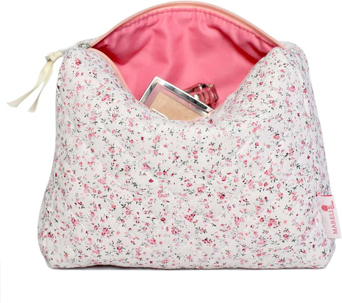 Quilted Cosmetic Bag for Women (Pink Flowers), Cotton Makeup Bag, Kawaii Cosmetic bag, Floral pouch, Floral cosmetic bag, Large Travel Toiletry Ba...