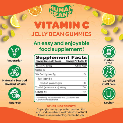 Vitamin C Jelly Bean Gummies for Adults, Immune Support Dietary Supplements, Vegetarian, 120 Citrus Blast Jelly Beans, Kosher...
