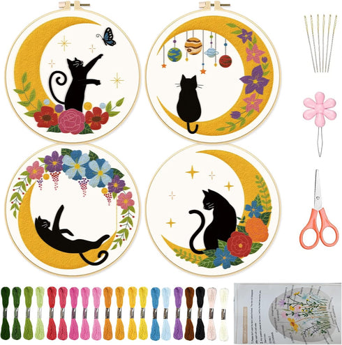 ORIGACH 4 Pack Cat Moon Embroidery Kits for Beginners, DIY Starter Hand Embroidery Kit with Cat Moon Floral Patterns and Instructions, Cat Pattern...