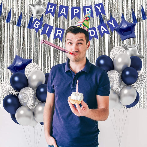 Blue Birthday Party Decorations, Happy Birthday Decorations for Men with Banner Blue Silver Confetti Latex Balloons and Foil Fringe Curtains for M...