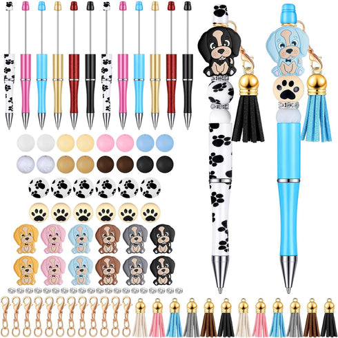Teling 12 Pcs Beadable Pens Plastic Black Ink Ballpoint Pen with Assorted Spacer Beads Silicone Beads and Tassels and 12 Pcs Lobster Clasps for Of...