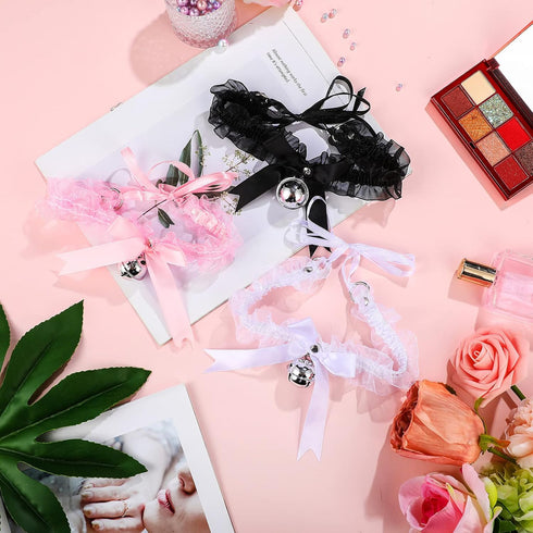 3 Pieces Punk Lace Chokers Gothic Lace Bowknot Choker Necklaces with Bells Stretch Collar Chokers Ribbon Necklaces for Women...