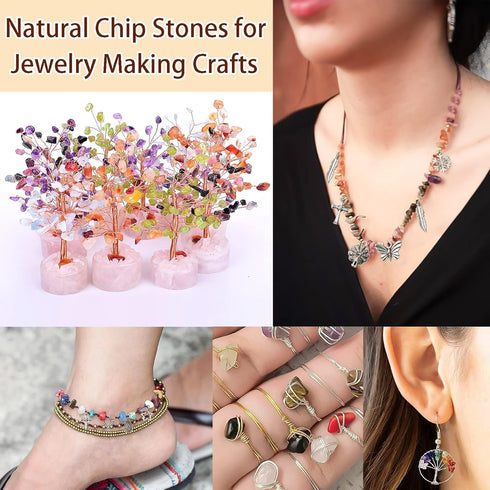 Natural Chip Stones for Bracelet - 400pcs 5mm to 8mm Gemstones Healing Loose Rocks Bead Hole Drilled DIY with 30pcs Silver Charms for Bracelet Nec...