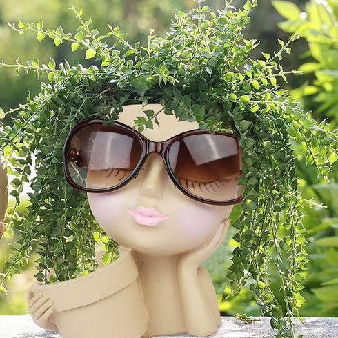 Face Planter Pot - Double Flower Pots in One for Indoor Outdoor Plants Resin Head Planter with Drainage Hole Cute Lady Face Plant Pots...