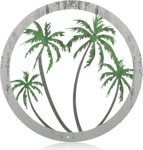 Zhengmy Metal Palm Tree Wall Art Decor Tropical Plaque Hanging Decor Decorative Art Antique Round Outdoor for Garden Home Patio Supplies, 12''(Gre...