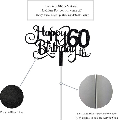 Black Glitter 60th Birthday Cake Topper, Happy 60th Birthday Cake Topper, 60th Birthday Party Decorations...