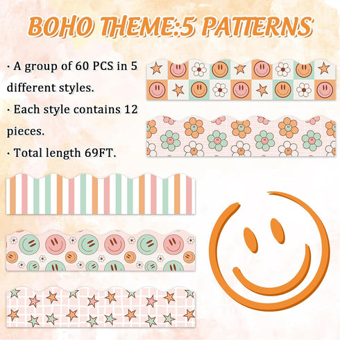 Whaline 69Ft Retro Groovy 70s Bulletin Board Borders Pastel Boho Flower Smile Face Checkered Star Self-Adhesive Trim Border for School Classroom O...