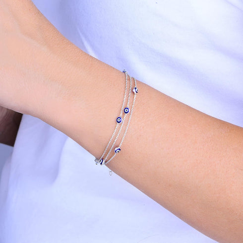 Evil Eye Bracelets Sterling Silver 925 - Triple Layered Chain Protection Blue Ojo Turco Bracelet for Women - Womens Dainty Boho Jewelry - Kabbalah...