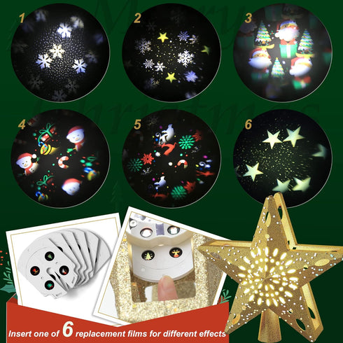Ryhpez Christmas Tree Topper, Gold Star Christmas Tree Toppers with LED Rotating Snowflake Projector Lights, 3D Glitter Lighted for Christmas Tree...