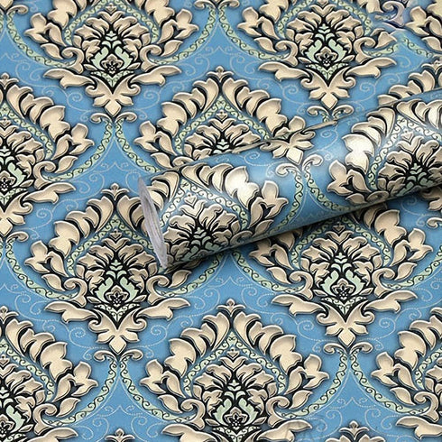 Y9832 Damask Peel and Stick Wallpaper 17.7" x 9.8ft Light Blue Removable Contact Paper Self-Adhesive Damask Furniture Paper Drawer Shelf Liner Vin...