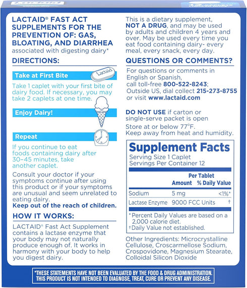 Lactaid Fast Act Lactose Intolerance Relief Caplets with Lactase Enzyme, 12 Travel Packs of 1-ct....