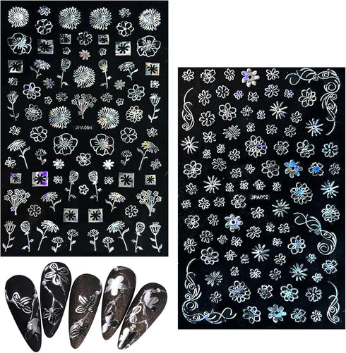 10 Sheets Flower Nail Stickers Silver Nail Decals 3D Self Adhesive Leaf Nail Art Stickers Holographic Laser Nail Designs Nail Art Supplies for Wom...
