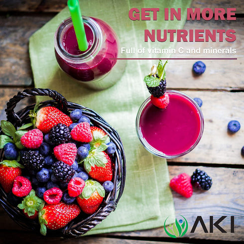 AKI 4-Berry Blend - Blueberry, Raspberry, Strawberry & Blackberry Blend Superfood (5.29oz/150g) - Rich in Vitamin C & Superior Quality Ingredients...
