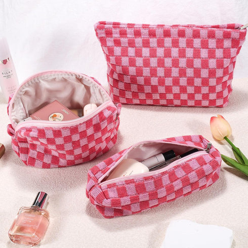 3Pcs Checkered Makeup Bag for Women Large Cosmetic Bag Set Travel Toiletry Bag Makeup Pouch Bag for Purse Pink Zipper Storage Bag Organizer Cute S...