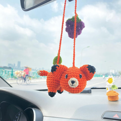 BUNNY Crochet Fox Car Rear View Mirror Holder, Cute Fox Car Hanging Ornament, A Gift for Fox Lovers Car Hanging, Crochet Lovely Fox Bag Ornament, ...