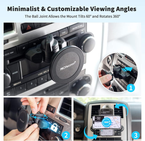 PROfezzion CD Slot & Vent Clip Combo Magnetic Phone Holder Compatible with MagSafe on Car CD Slot or Vent for iPhone 15 14 13 12 Pro Max Plus, Mag...