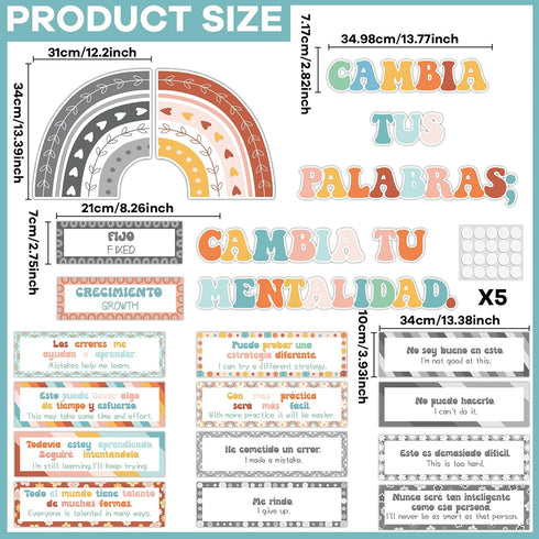 gisgfim 34 Pcs Spanish Groovy Hippie Growth Mindset Posters Banners Classroom Bulletin Board Decor Positive Sayings Accents Display Set Teacher Ed...